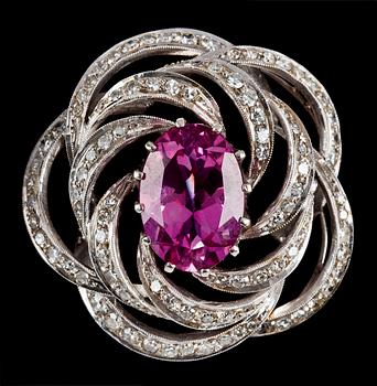 869. A pink topaz and diamond brooch, 1950's.
