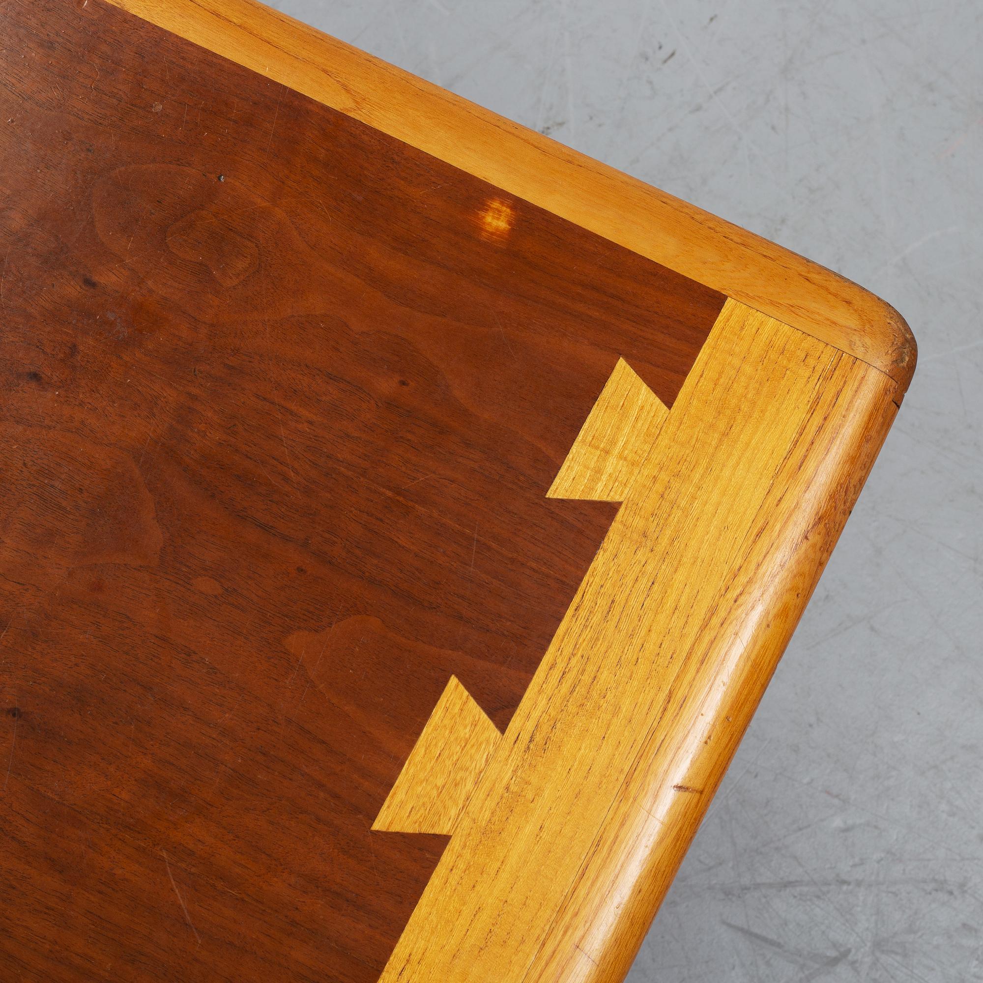 An oak and teak coffee table marked 'Lane Altavista, VA.'.