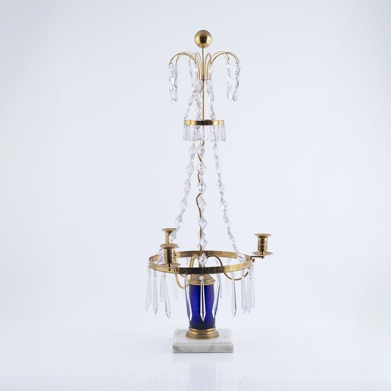 A three-light brass, marble, and glass lustre, 20th century incorporating older elements.