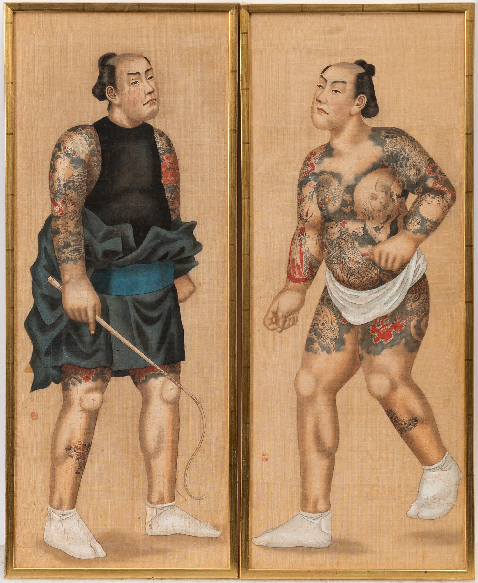 Unidentified artist, a pair of Japanese paintings featuring tattooed wrestlers, around 1900.