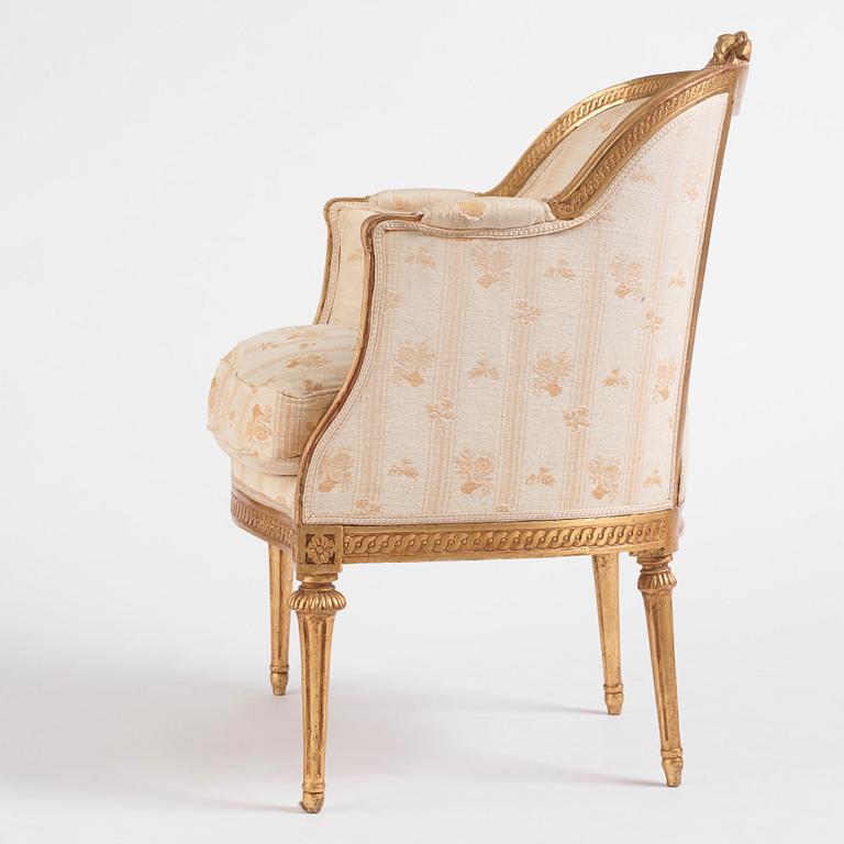 A royal Gustavian giltwood bergère, Stockholm, late 18th century.