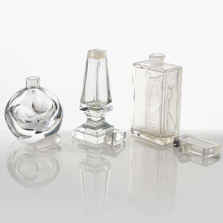 Three glass flacons, including one Vicke Lindstrand, Orrefors.