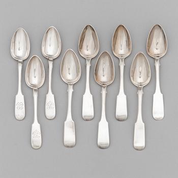 Nine silver spoons from St Petersburg, 1842 and 1873. Six with maker's mark of Johann Diedrich Lindqvist 1842.