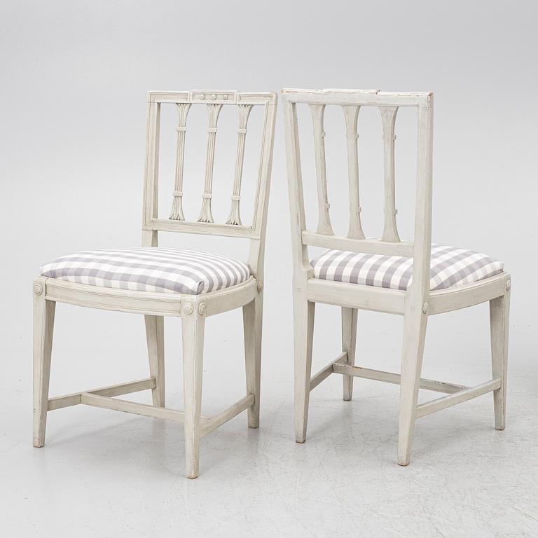 Three late Gustavian chairs, circa 1800. And one chair, late Gustavian style, 20th century.
