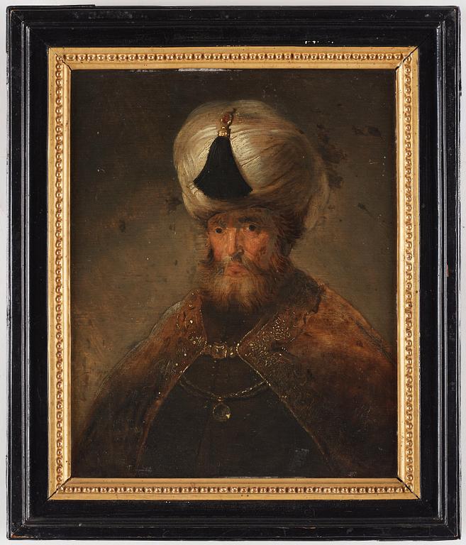 Rembrandt Harmensz van Rijn Hans skola, Mansporträtt, turban och kappa.