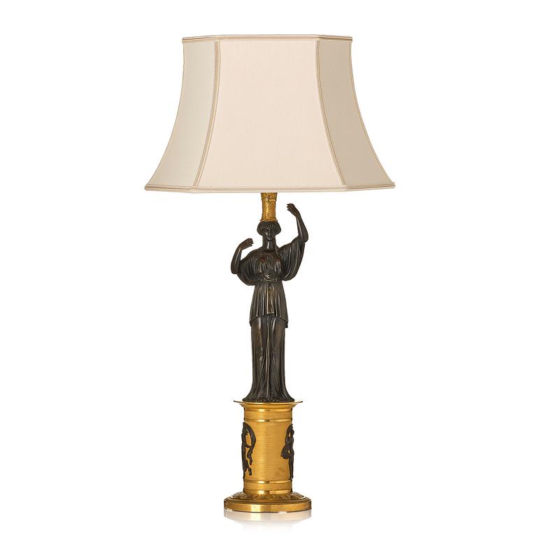 A French Empire ormolu and patinated lamp, early 19th century.