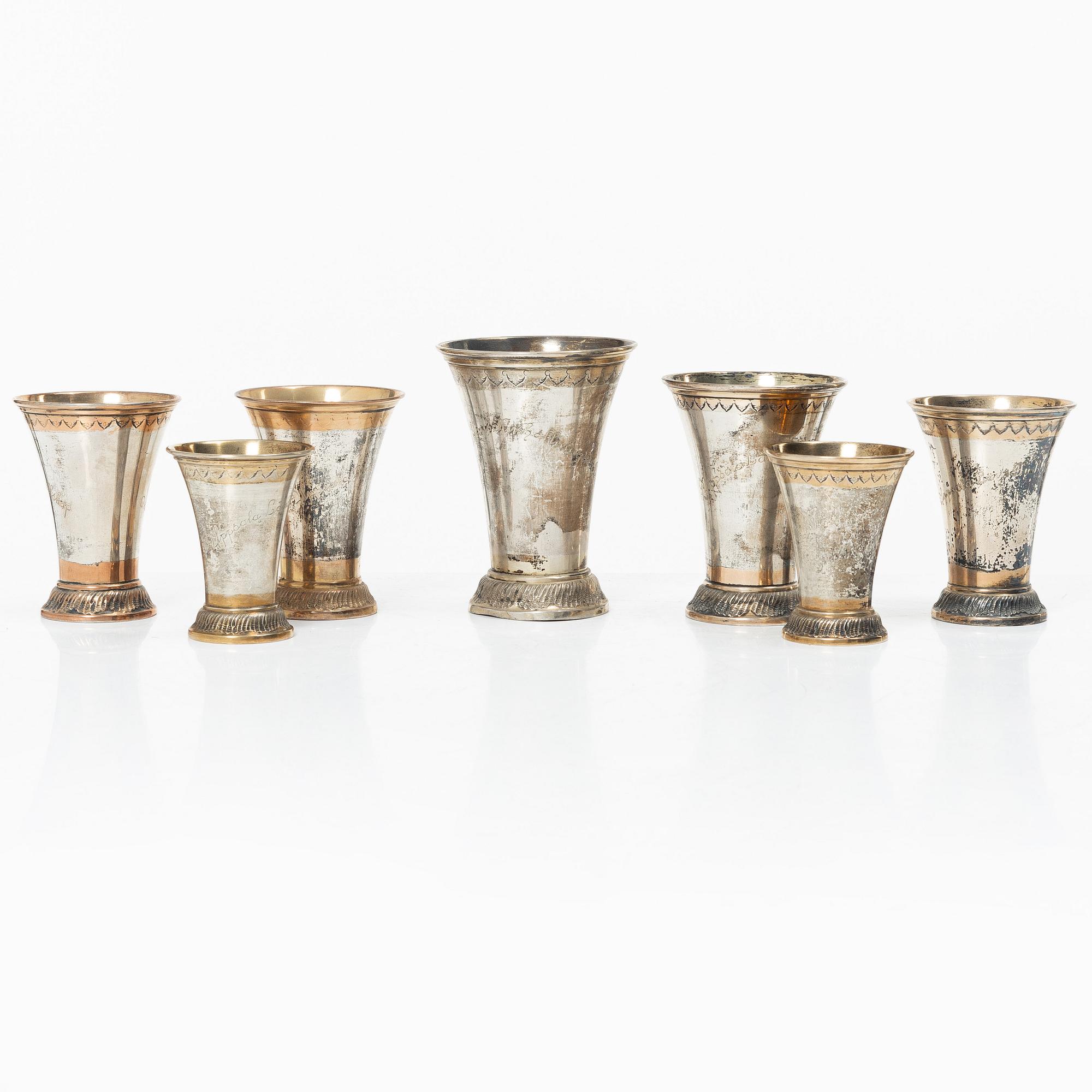 Bägare, 7 st, silver, KG Markströms, Uppsala 1912-1926.