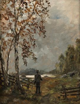 OTTO WALLENIUS, HUNTER IN AUTUMN LANDSCAPE.