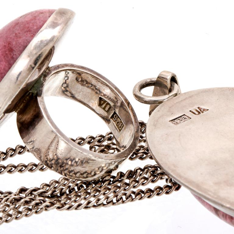 2 pendants with chains, 1 brooch, 1 ring, silver, rodochrosite, aventurine, metall, lilac drop probably glass, 4 pieces.