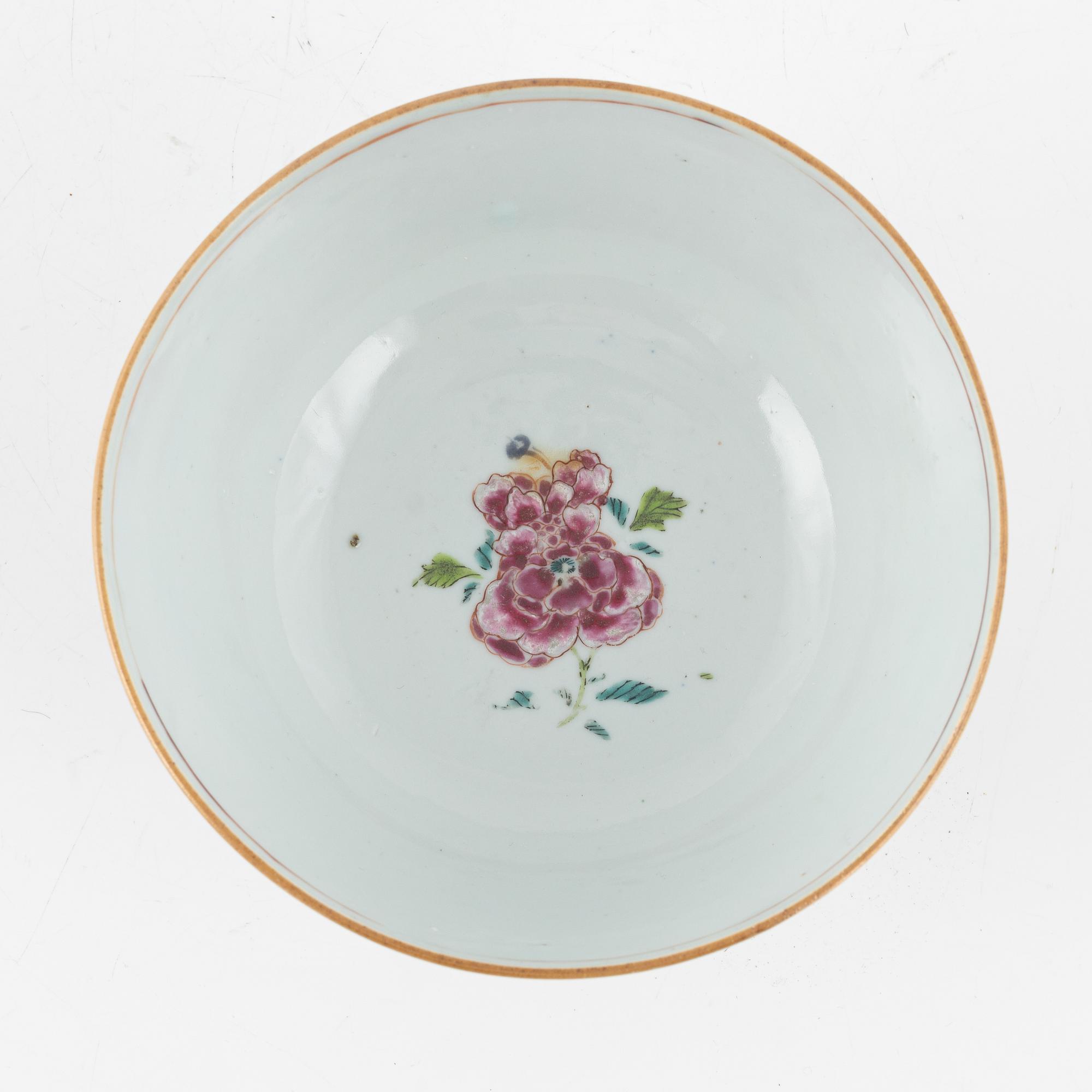 A famille rose dish, sauce boat and bowl, Qing dynasty, 18th Century.