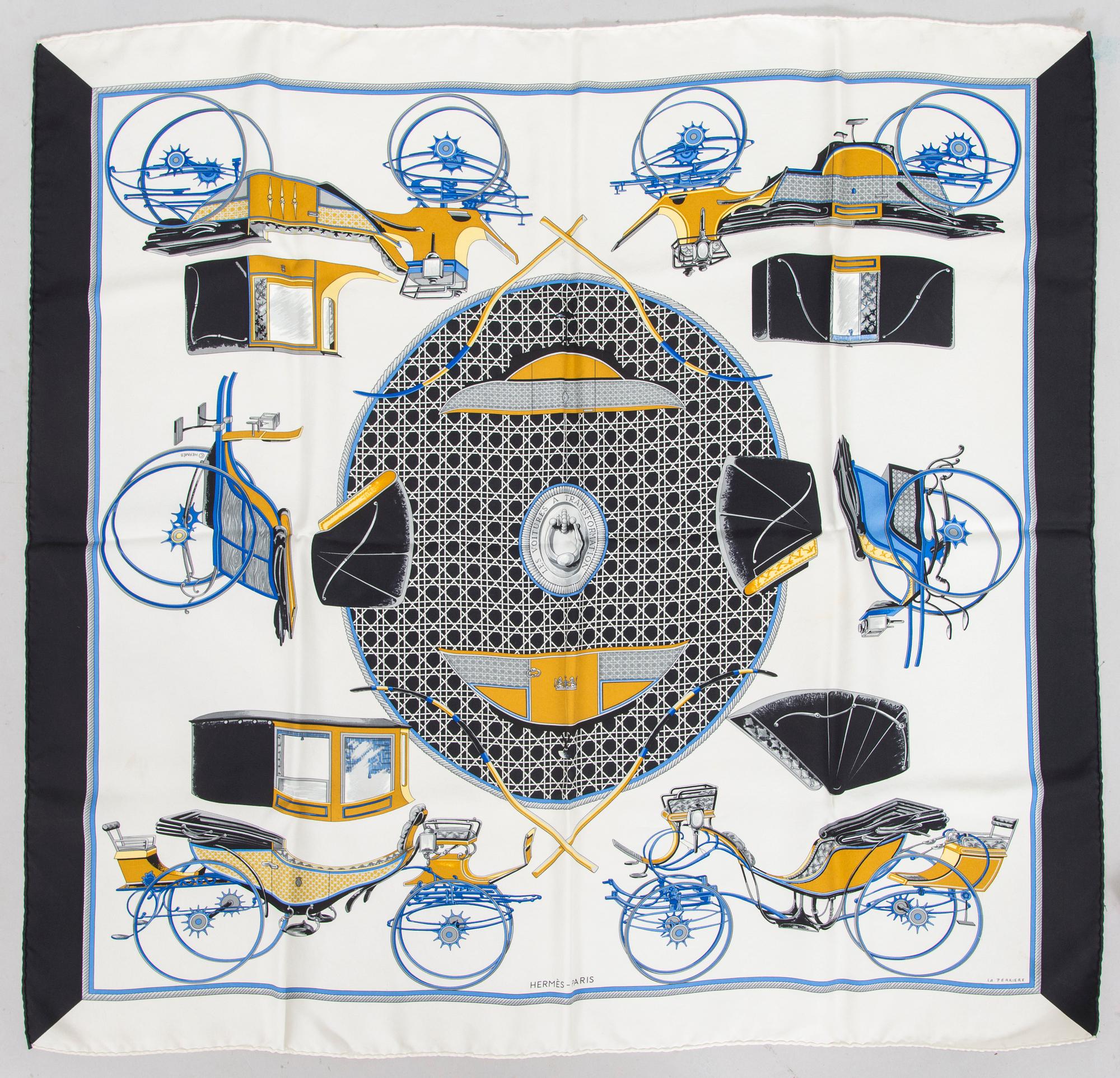 Hermès, a 'Les Voitures à Transformation' silk scarf.