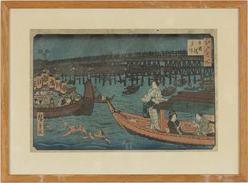 Ando Hiroshige, 'Enjoying the evening cool at Ryogoku Bridge'.