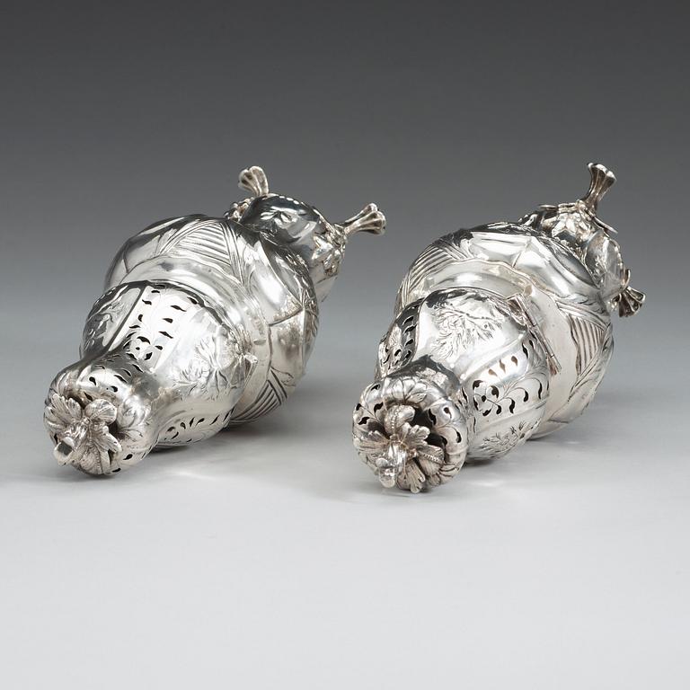 A Swedish 18th century silver sugar-casters, marked Lorentz Lindgren, Borås 1779, and one later copy with false marks.