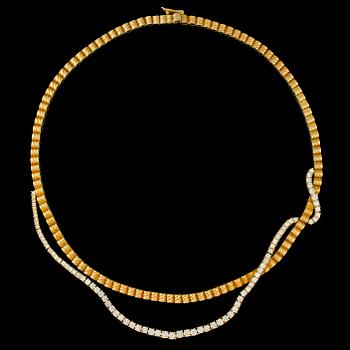 1281. A gold and brilliant cut diamond necklace, tot. app. 4.50 cts.