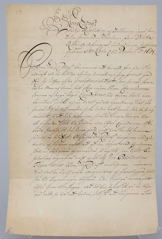 DOKUMENT MED KUNGLIG AUTOGRAF, Konung Karl XI av Sverige, dat Stockholm 22 dec 1685.