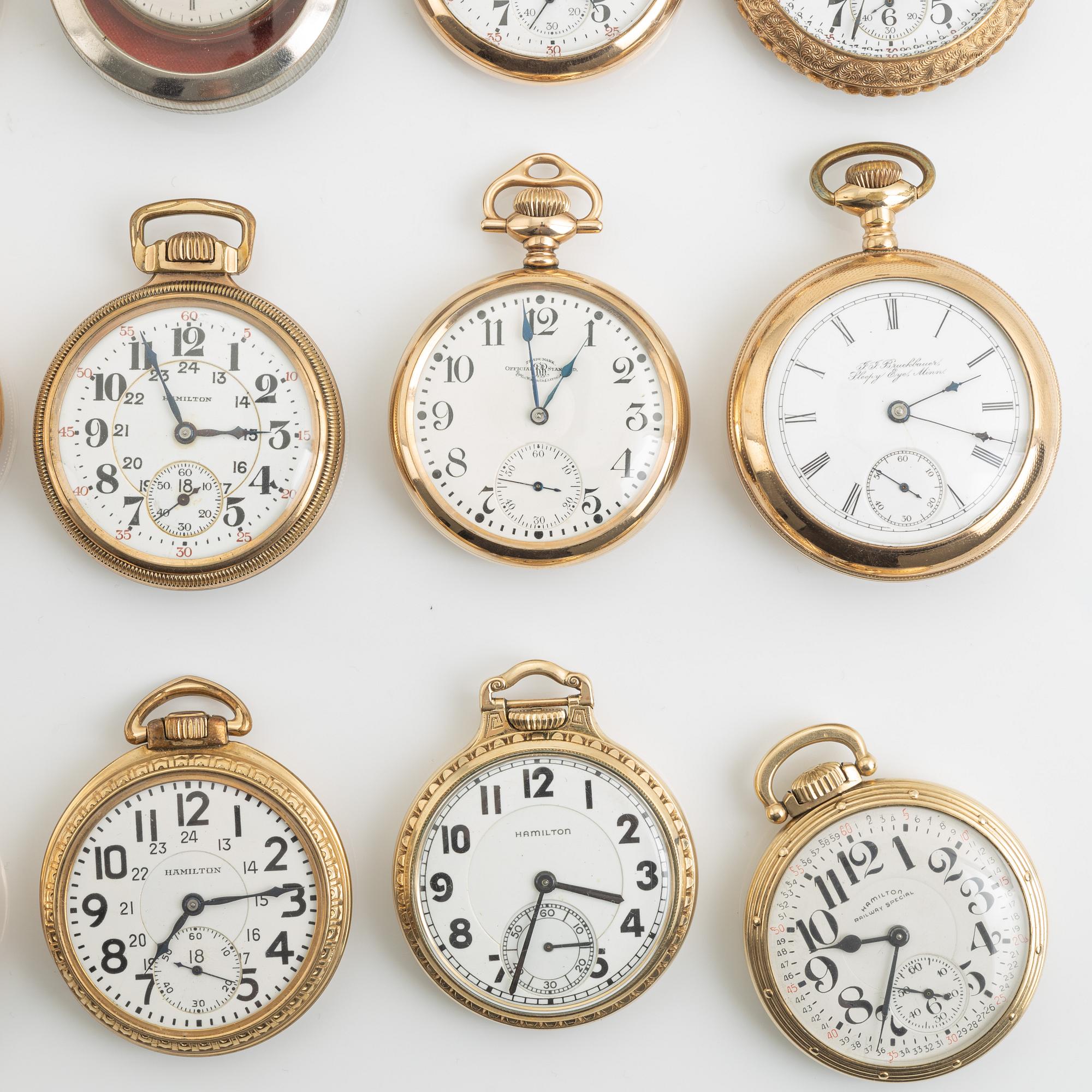 Samling fickur, 18 st, silver/pläterade.