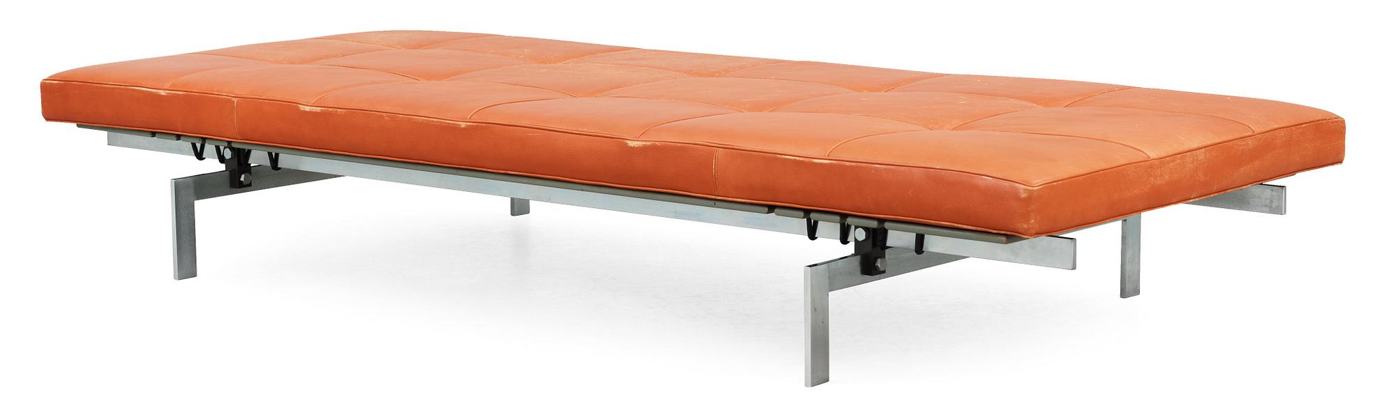 A Poul Kjaerholm 'Pk-80' brown leather aand steel daybed, Fritz Hansen, Denmark.