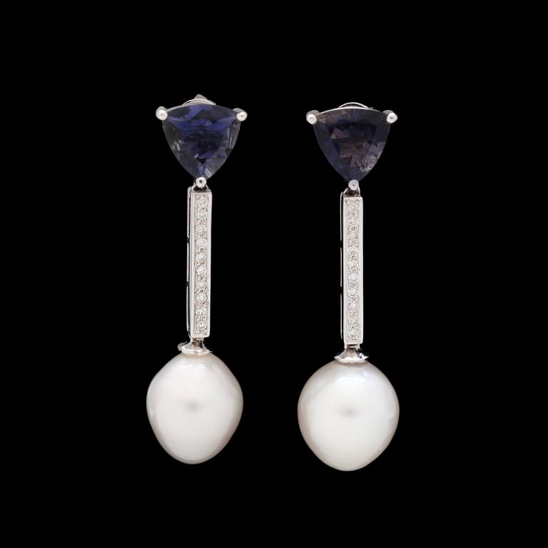A pair of iolite earrings with cultured South sea perls and brilliant-cut diamonds, total carat weight 0.38 ct.