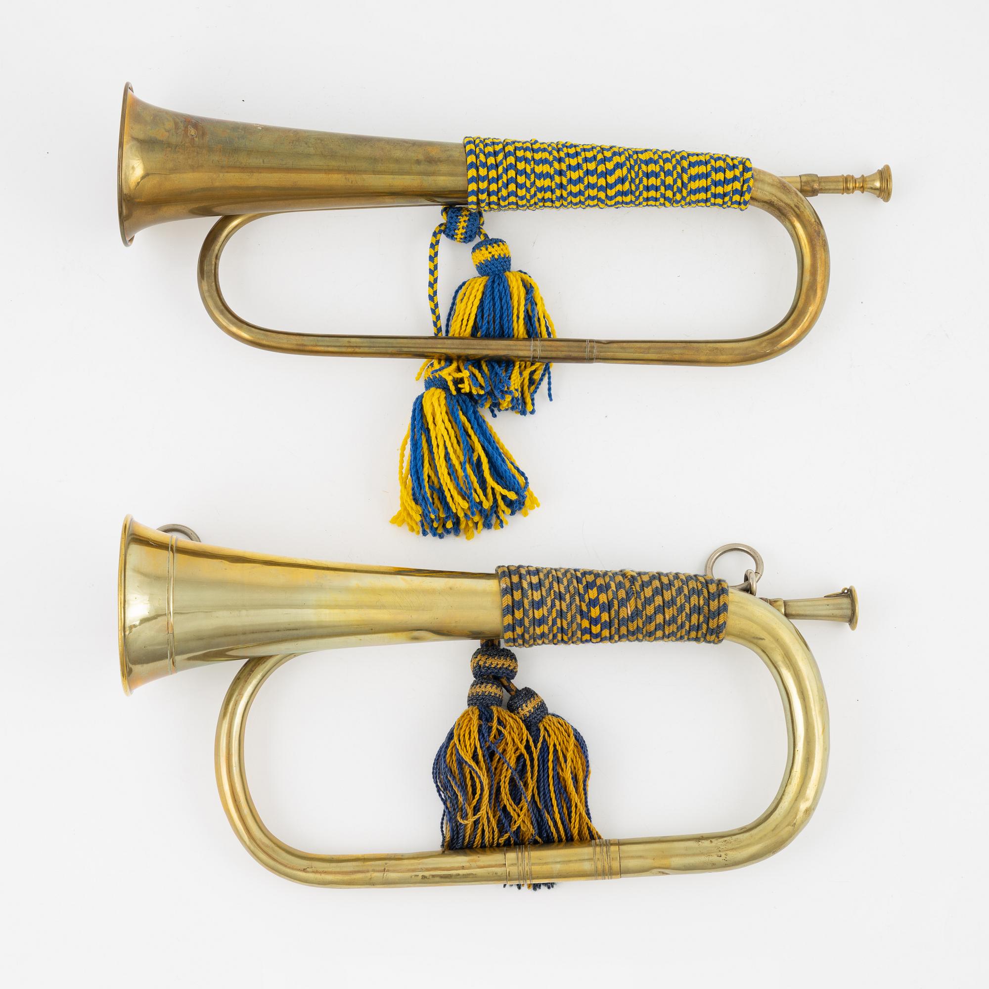 Two military brass signal horns, one marked 'True Sound' Birger Steiner Stockholm.