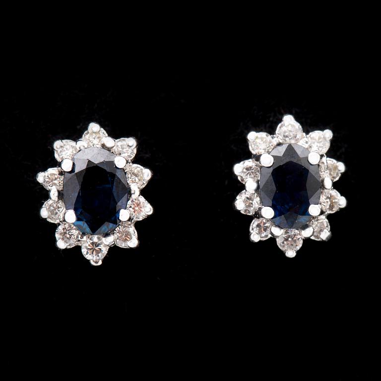 Earrings 18K whitegold 2 sapphires approx 7 x 5 mm and brilliant-cut diamonds approx 0,40 ct in total, Detters Juveler.