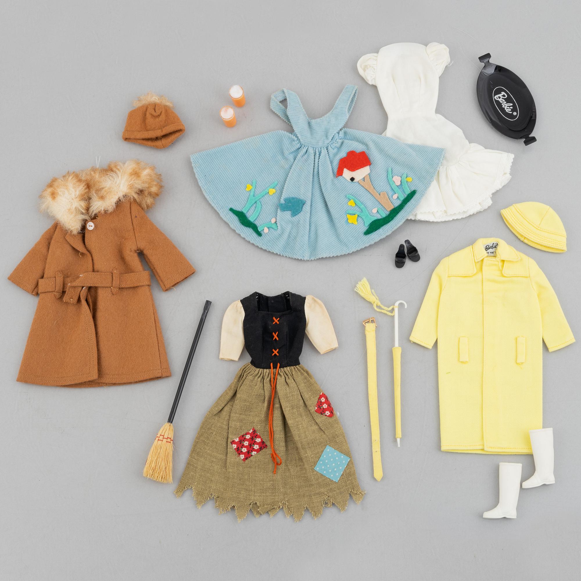 Clothing sets, Barbie, 4 pcs, including "Barbie Friday Night, 0979" & "Barbie Cinderella, 872", Mattel, 1960s.