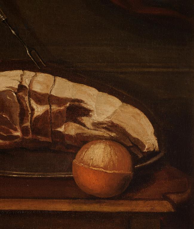 Pehr Hilleström, Still life with piece of meat, mortar, and bitter orange.