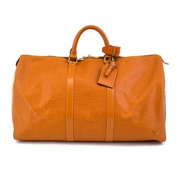 A BROWN EPI LEATHER KEEPALL 50 TRAVEL BAG.