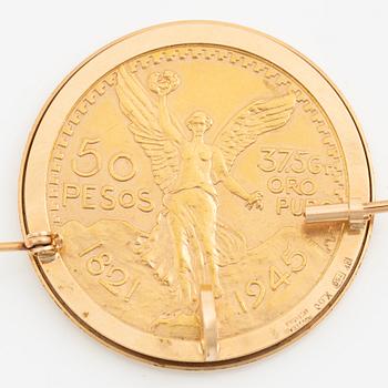 Brooch/pendant, 18K gold with set gold coin, 50 pesos, Mexico.