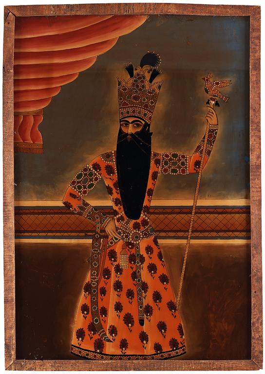 An Iranian reverse glass painting, 20th century, Motive size ca 79 x 54 cm.