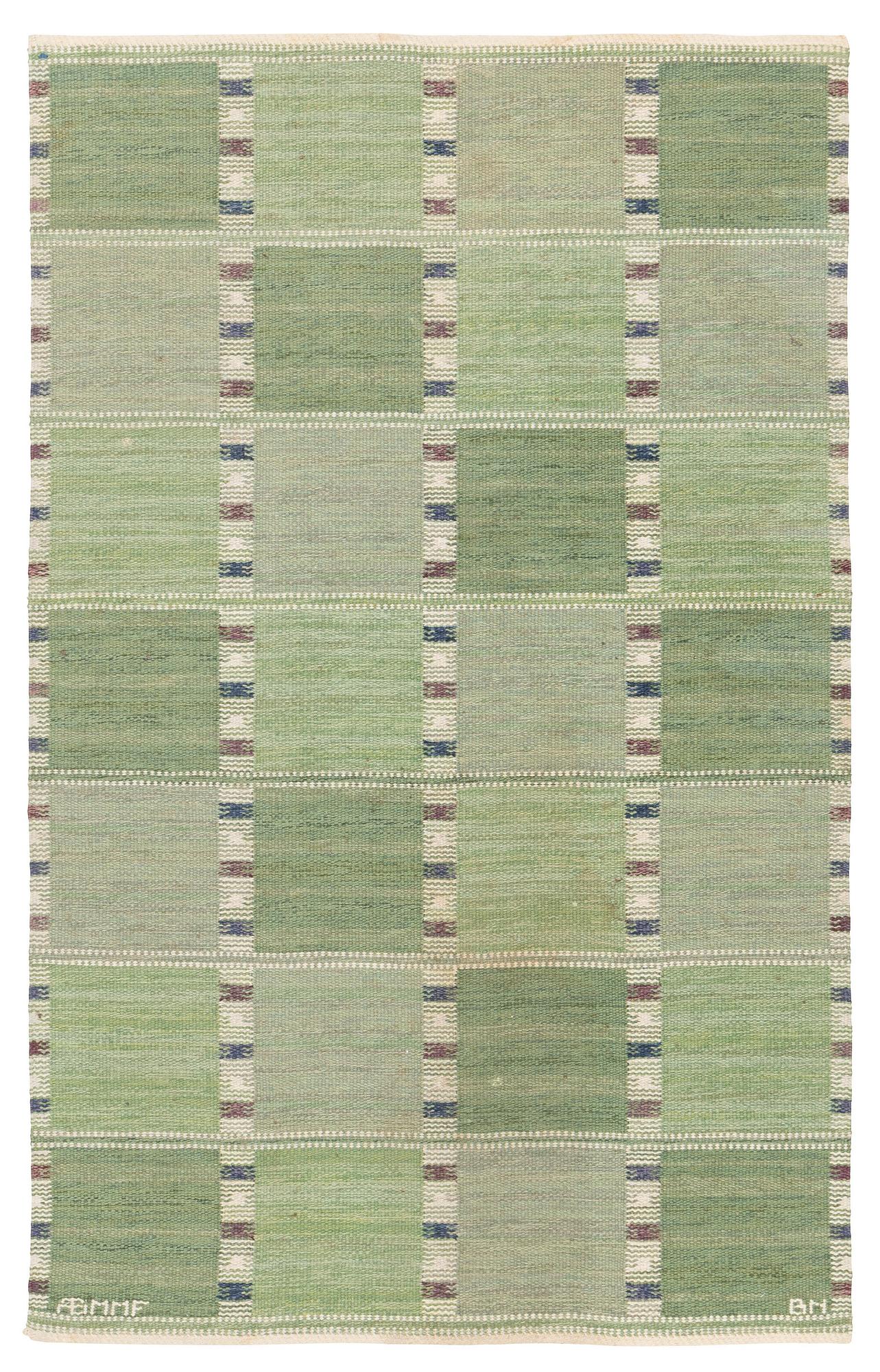 Barbro Nilsson, matta, "Falurutan grön I", rölakan, ca 188 x 118 cm, signerad AB MMF BN.