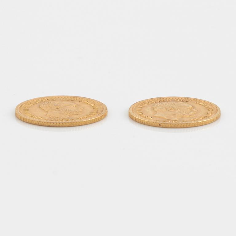 Oscar II, gold coins 2 pcs, 5 kronor 1899 and 1901.