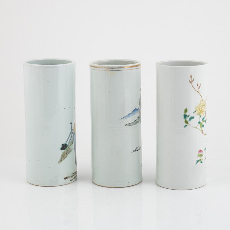 Three porcelain brush pots, 19th-20th century.