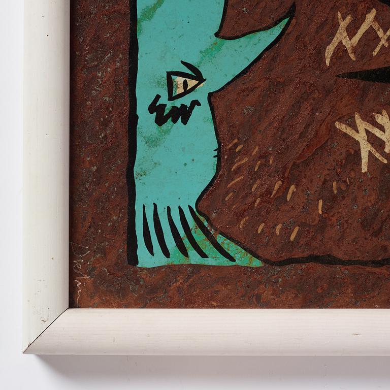 Erik Dietman, mixed media on copper sheet, signed.