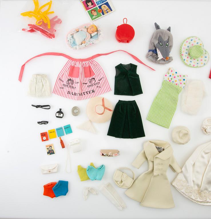 Barbie wardrobe along with clothes and accessories, 1960s, including "Barbie babysits" 1963.