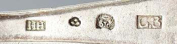 SOCKERSTRÖARE, 6 st, silver, bl a Johannes Gadd, Umeå. 1800/1900-tal. 278g.