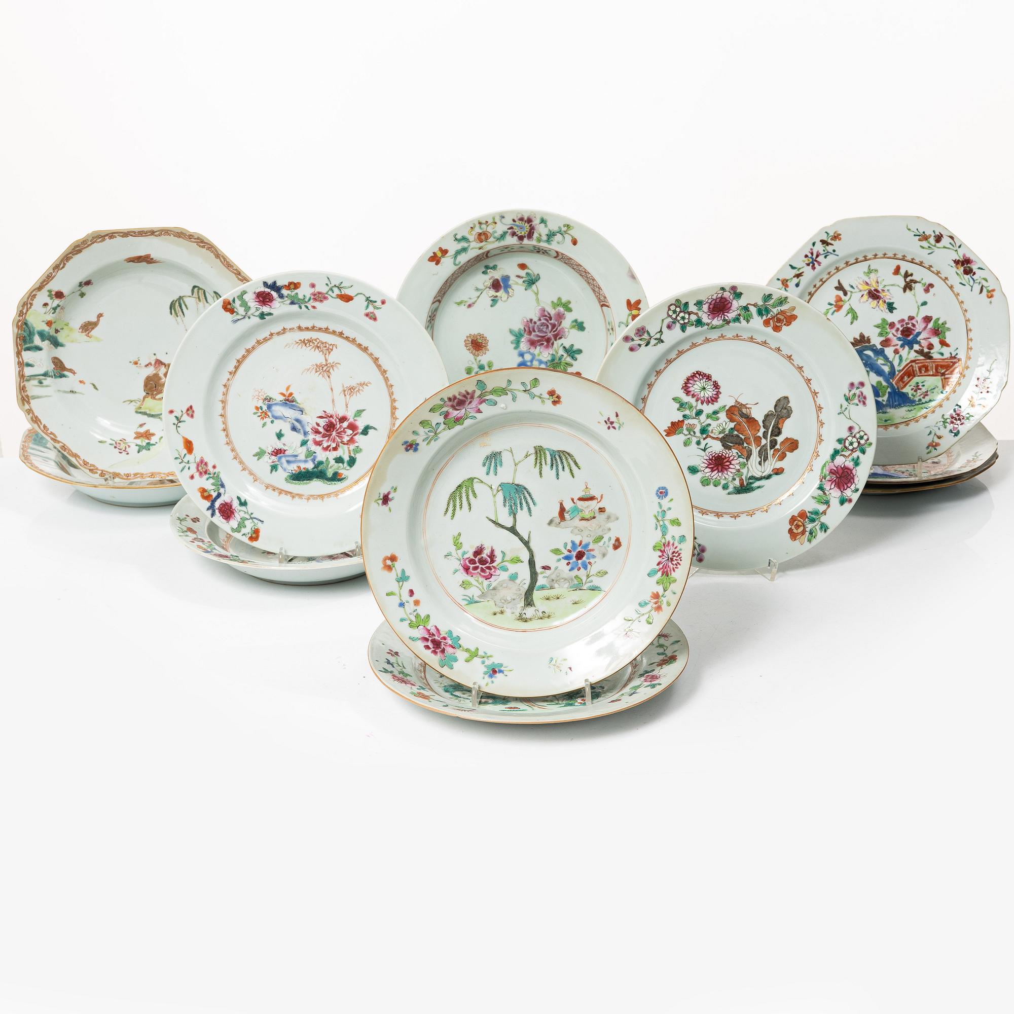 Twelve Famille Rose export porcelain plates, China, yongzheng (1722-35) & Qianlong (1736-95).
