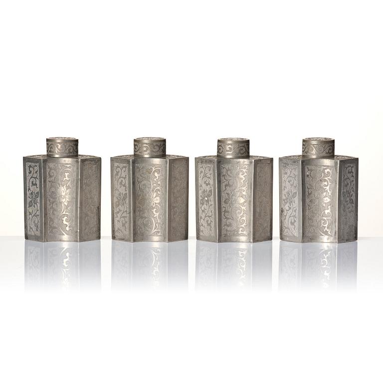 A Chinese lacquer box with a set of five pewter tea caddies, Qing dynasty, 18/19th Century.