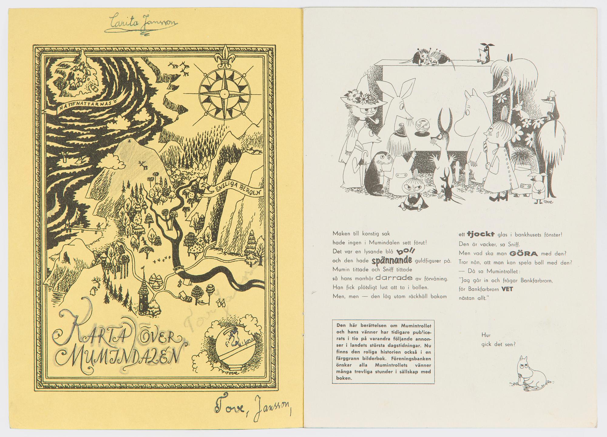 Tove Jansson, Booklet, A Tale of Moomintroll for Föreningsbanken, Helsinki 1956.