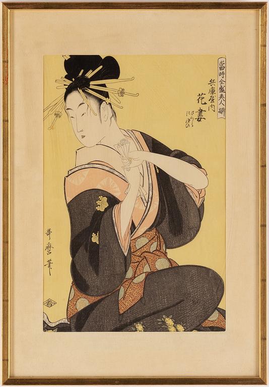 Utamaro Kitagawa (c.1753-1806), efter, färgträsnitt, 2 st, Japan, 1900-tal.