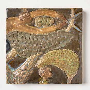 Stig Lindberg, a chamotte stoneware relief, four pieces, Gustavsberg Studio 1940s.