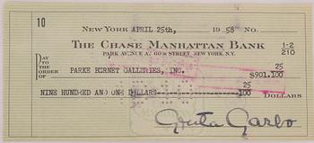 GRETA GARBO, signed check dated 1958, with photograph.