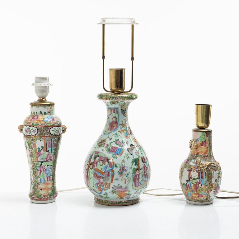 Bordslampor, 3 st, porslin, Kanton, Kina, Qingdynastin, 1800-tal.