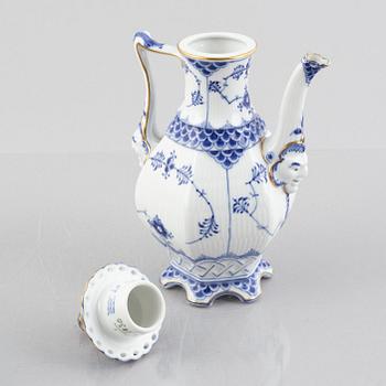 A 'Blue Fluted Full Lace' porcelain coffee pot, creamer and sugar bowl, Royal Copenhagen, 1030, 1031, 1112, 1950/60s,.