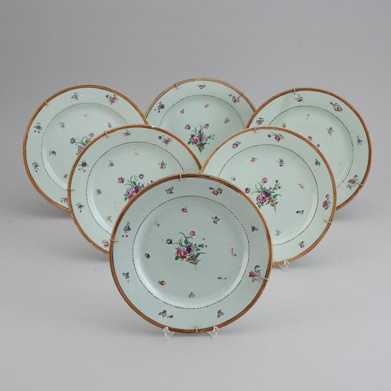 A set of 12 famille rose plates (6+6), Qing dynasty, Qianlong (1736-95).