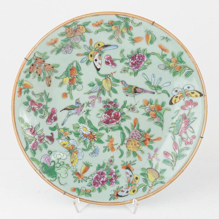 A Kanton porcelain dish and two porcelain plates, China, 19th century.