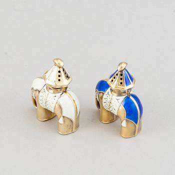 A pair of silver gilt and enamel salt and pepper shakers, J Tostrup, Oslo, Norway.