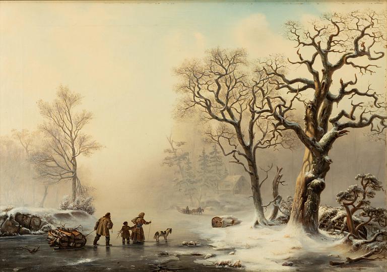 Ehrnfried Wahlqvist, Winter landscape with figures on ice.