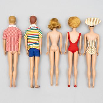 Barbiedockor, 5 st, bl a "Barbie Fashion Queen", "Midge", & "Ken", Mattel, 1960-tal.