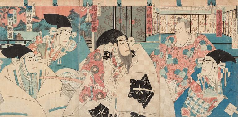 TOYOHARA KUNICHIKA (1835–1900), and UNIDENTIFIED ARTIST, two color woodblock triptychs, Japan, 19th century.