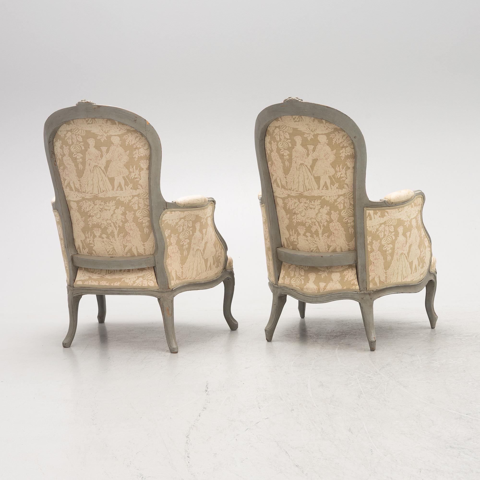 Bergeres, a pair of similar, Louis XV, signed J.C. Briois (active in Paris 1766-1782).